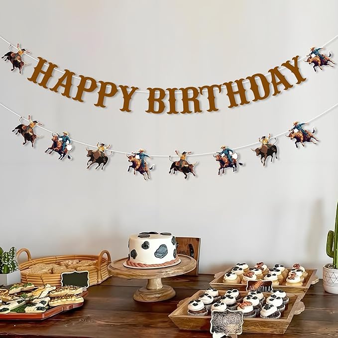 JOYMEMO Bull Riding Birthday Banners, Bull Riding Birthday Decorations for Boys, Man, Cowboy Theme Party Supplies, Pre-strung, Cardstock