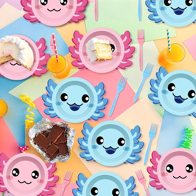 80Pcs Axolotl Birthday Party Plates 7 Inch Dessert Plates and Forks Cartoon Axolotl Dinner Paper Plates Dinnerware for Kids Boys Girls Party Baby Shower Decorations Supplies Favors