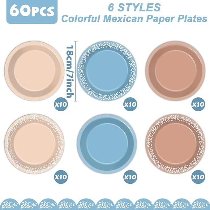 60Pcs Blue Platos De Barro Party Plate Mexican Baby Shower Party Decorations De Barro Mexicanos Paper Plate Mexican Fiesta Boho Tableware Set for Mexico Wedding Gender Reveal Birthday Parties Supply