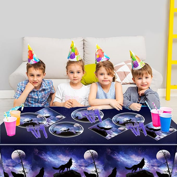 Wolf Birthday Party Tableware Set,20 Plates and 20 Napkins and Tablecloth 86 '' x 51 '', Wolf Animal Party Decorate Supplies
