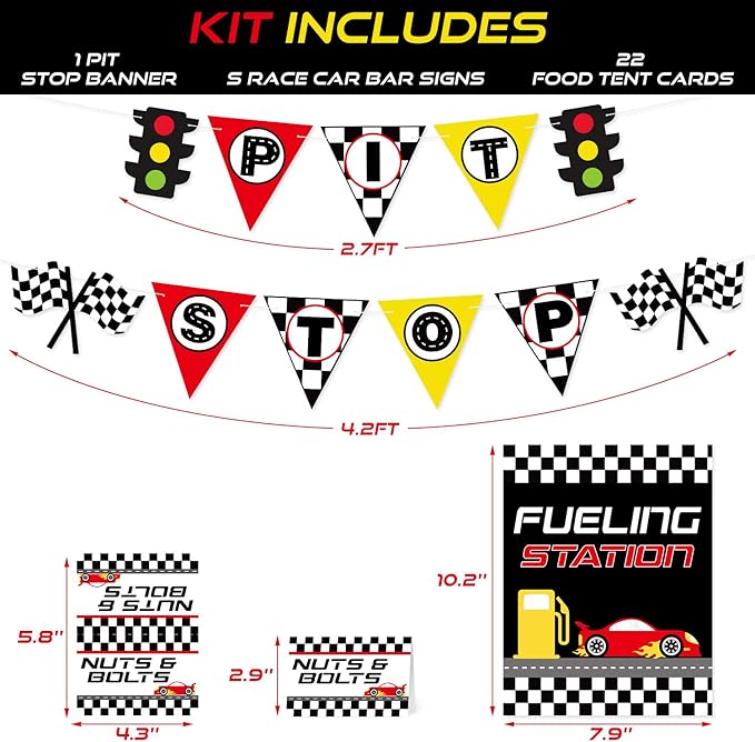 Race Car Bar Decorations Racing Car Birthday Party Decor Kit Pit Stop Banner Race Bar Signs Snack Tent Cards Let's Go Racing Theme Party Supplies