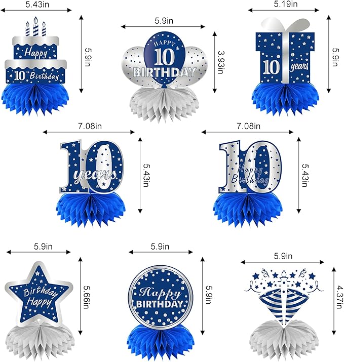 Kauayurk 8Pcs 10th Birthday Honeycomb Centerpieces Decorations for Boys, Blue Silver 10 Year Old Birthday Table Centerpiece Party Supplies, Ten Birthday Table Topper Decor Sign