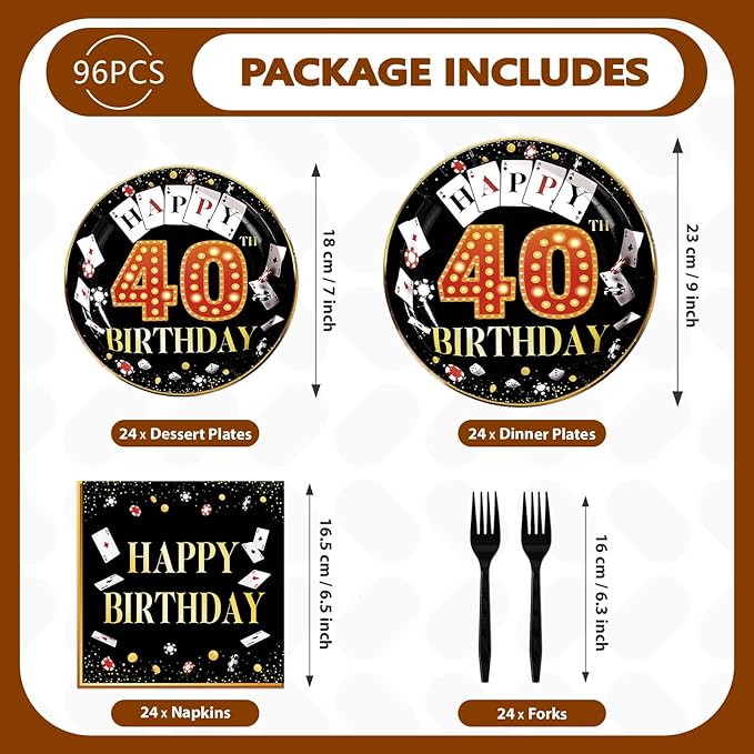 96Pcs Casino 40th Birthday Decoration Casino Themed Paper Plates and Napkins 40th Las Vegas Party Decoration for 40 Years Birthday Poker Game Night Vegas Party Supplies