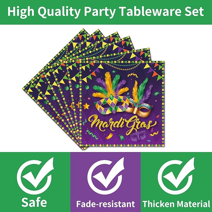 96PCS Mardi Gras Plates and Napkins Party Supplies Mardi Gras Decorations New Orleans Carnival Masquerade Party Decorations MardiGras Disposable Tableware Set Serve 24 Guests