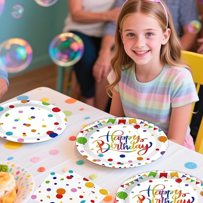 Xynic 214 PCS Colorful Happy Birthday Decorations, Colorful Dots Party Supplies With Banner, Cake Topper, Plates and Napkins, Happy Birthday Decorations for Boys and Girls, Serves 25 Guests