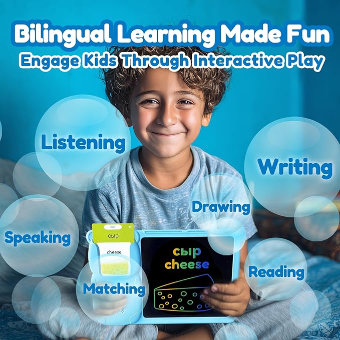 Writing Tablet with Bilingual Flashcards for Kids - Russian English Talking Flash Cards, LCD Writing Pad Board, Pocket Speech for Toddlers, Learning Toy Gift for Boys Girls (Russian, Blue)