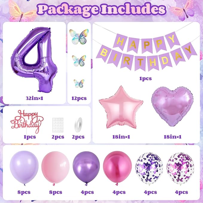 4th Pink Purple Birthday Decorations,Pink Purple 4th Birthday Balloons for Girls Lavender Party Decor Banner Number 4 Balloons Cake Topper Butterfly Party Decorations for 4 Year Old Girls