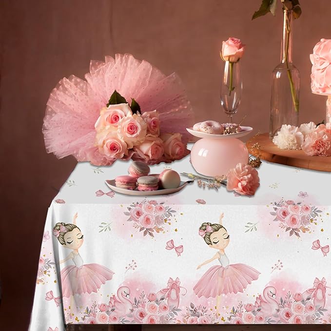Pink Ballerina Tablecloths 3 Pieces Birthday Party Decorations Plastic Table Cover for Girl Ballet Party Supplies Baby Shower Wedding Decor (70.8in x 42.5in)