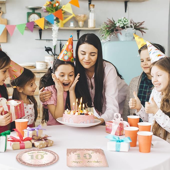 40PCS 10th Birthday Decorations for Happy 10 Years Party Tableware Set Including 10th Birthday Party Plates and Napkins,Rose Gold 10 Years Old Table Decor for Girls Pink Rose Gold Party Supplies