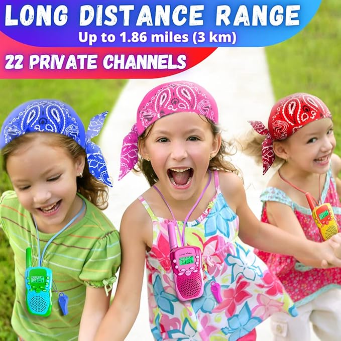 Waka Waka Walkie Talkies for Kids (3 Pack, Yellow, Red, Green) — Long Range Two-Way Walkie Talkie Set with Bandanas and Whistles Included — Great for Indoor or Outdoor Play — Gift for Boys and Girls
