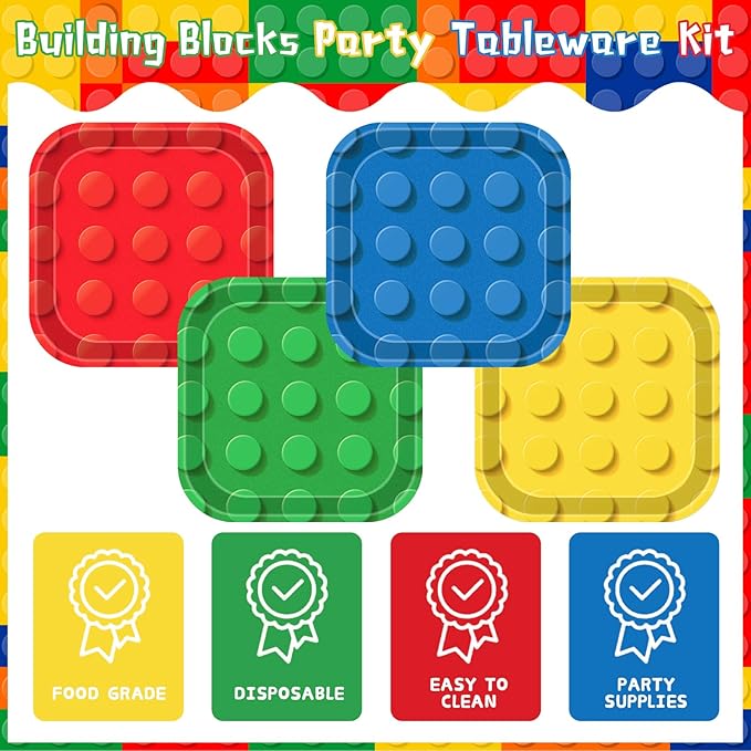 48pcs Building Block Party Supplies Building Bricks 7inch Birthday Paper Plates Birthday Party Supplies Colorful Paper Dessert Plates for Kids
