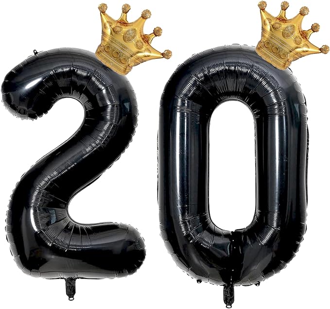 40 inch Large Black 20 Balloon Number with Gold Crown Balloons 20th Birthday Big Foil Mylar Helium Balloon for Boys Girls 20th Birthday Anniversary Decorations Supplies Favors(Number 20 Balloons）
