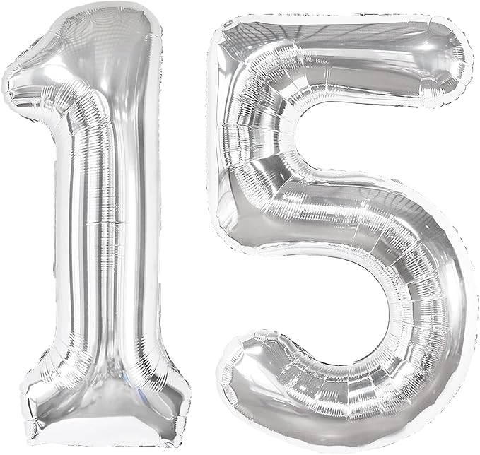 40 Inch Silver Number 15 Digital Balloon,Jumbo Mylar Foil Helium Balloon for 15 Balloons for Birthday Party,Wedding Anniversary Party Decorations