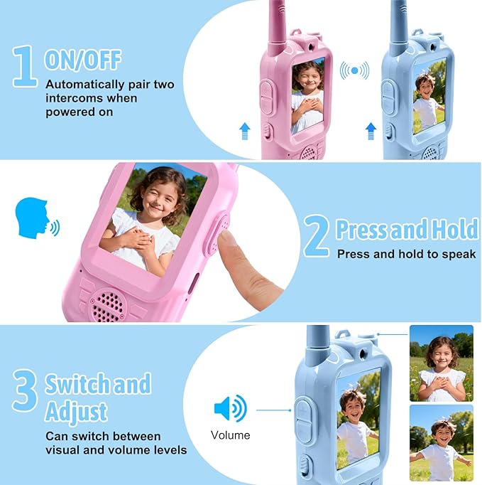 Video walkie talkies for Kids, 2 Pack with Private Chat Function & Rechargeable Kids Walkie Talkies, HD Camera & Voice Video Intercom for Indoor Outdoor, Camping for Boy Girls 3-14
