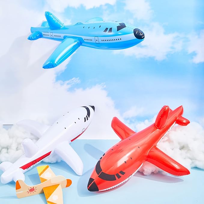 12 Pieces Inflatable Airplanes Party Decoration Red White Blue Aircraft Inflates Plane for Birthday Shower Party Supplies Pilot Adventure Themed Birthday Decor 24.5 and 15.75 Inch