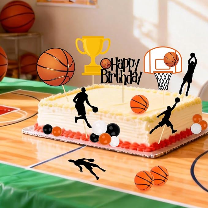 Hooqict 26Pcs Basketball Cake Decorations Set with Mini Balls, Players, Happy Birthday Basketball Cake Toppers & Cupcake Toppers for Kids Boys Men Sports Themed Basket Ball Birthday Party Decorations