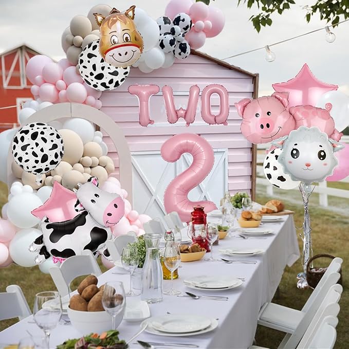 19 PCS Farm Animal Theme Party Balloons, Farm Cow Print Sheep Pig Donkey Mylar Foil Balloons Baby Shower Boy Girl 2nd Birthday Party Decor Supplies (2nd)