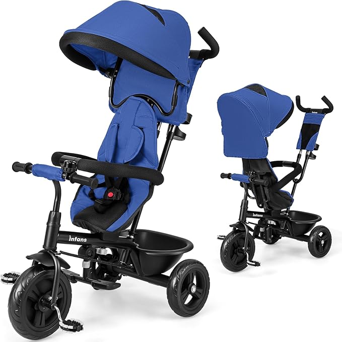 INFANS Kids Tricycle, 6 in 1 Baby Trike Toddler Bike with Reversible Seat, Adjustable Push Handle, Control Direction, Removable Canopy, Safety Harness, Belt, Storage, 9-60 Months (Blue)