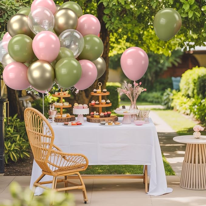 Retro Sage Green and Pink Balloons, 12 inch Metallic Gold Olive Green Pink Clear Latex Balloon for Jungle Safari, Christmas, Nutcracker, Woodland, Birthday Party Decoration