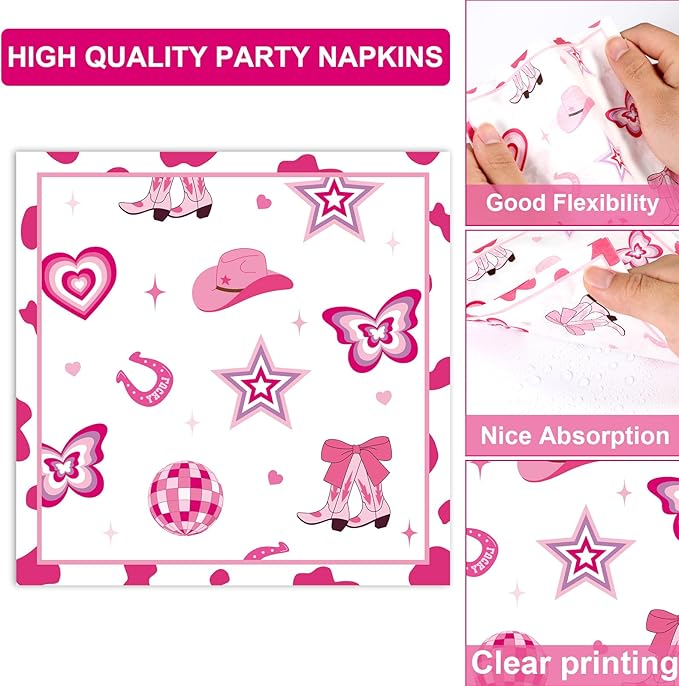 96Pcs Cowgirl Birthday Party Supplies Pink Club Paper Plates and Napkins Pink Western Cowgirl Pony Disco Disposable Tableware Set for Bachelorette Party Baby Shower Serve 24