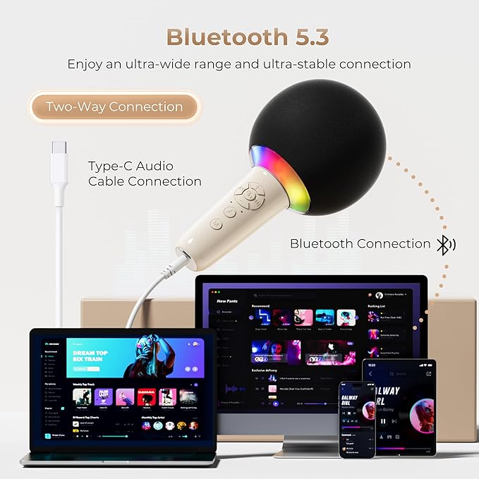 Wireless Bluetooth Karaoke Microphone for Kids, Portable Handheld Karaoke Mic Speaker Toys with LED Light, Best Christmas Birthday Festival Party Gift for 3 4 5 6 7 8 9+ Year Old Girls Boys (Beige)
