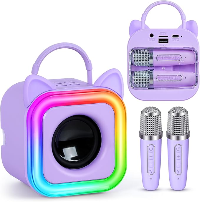 Mini Karaoke Machine for Kids with 2 Wireless Microphones - Toys Gift for Boys Girls Ages 4, 5, 6, 7, 8, 9,10,11,12+Year Old - Christmas, Birthday, Party Singing Gift (Purple)