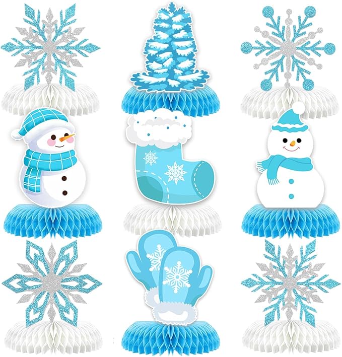9Pcs Winter Wonderland Decorations 3D Snowflake Honeycomb Table Centerpieces for Frozen Winter Blue White Theme Christmas Baby Shower Birthday Party Supplies (Snowman Blue)