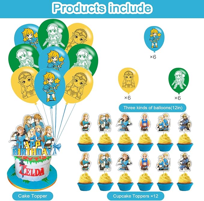 ELZEM 𝓩𝓮𝓵𝓭𝓪 Party Decorations,Legend Game Birthday Party Supplies Includes Banner- Cake Topper - 12 Cupcake Toppers - 18 Balloons, Blue