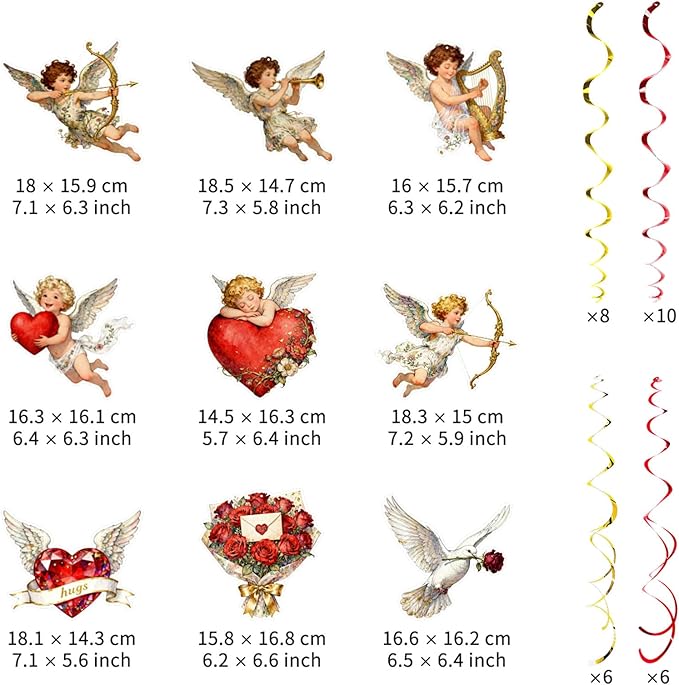Valentine's Cupid Party Streamers, 48 PCS Romantic Hanging Swirl Decorations - Angel, Heart & Rose Motifs for Valentine's Day, Weddings & Anniversary Parties