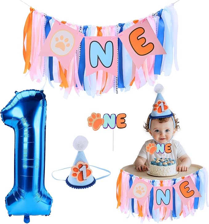 Blue Dog Highchair Banner for First Birthday Party Decorations Orange Navy Blue Dog Paw High Chair Tassel Garland for Boys Baby Shower 1st Birthday Backdrop Decors Puppy One Birthday Photo Props