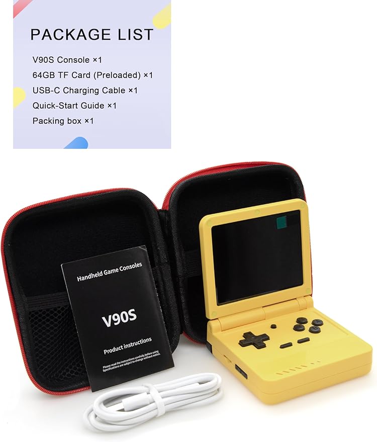 Powkiddy V90S Retro Handheld Console - 10,000+ Preloaded Games, Foldable Clamshell Design, 3.5" IPS Screen, 4-6 Hour Battery, Dual TF Slots (Yellow)