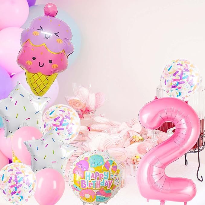 Pink Ice Cream Balloons, Number 2 Balloon, Two Sweet Birthday Party Supplies, Ice Cream Balloon for Girls Birthday Party Decoration (2)