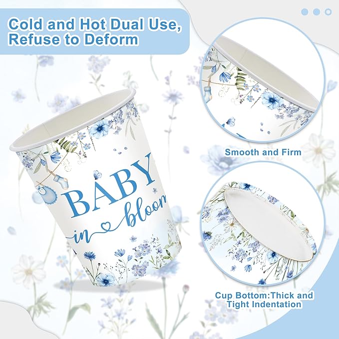 120PCS Boy Baby Shower Party Supplies Baby in Bloom Party Decorations Spring Wild Flower Pregnancy Announcement Tableware Set Dessert Plates Napkins Cups Set for 20 Guests