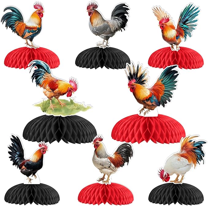 JOYMEMO 8 Pieces Rooster Honeycomb Centerpieces for Tables - Chicken Farm Theme Birthday Decorations, Chick Backyard Table Toppers for Rooster Party Supplies