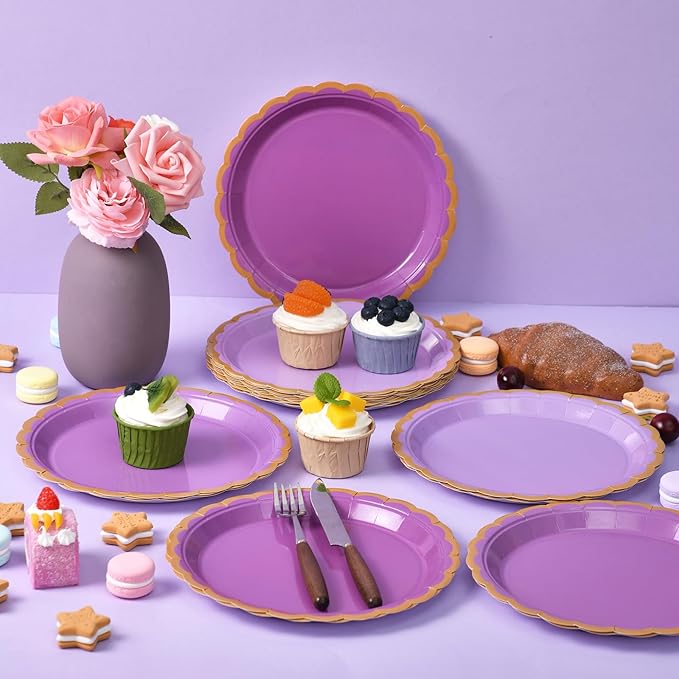 96 Pcs Purple Scalloped Party Paper Plates, 9 Inch Cute Purple Disposable Birthday Lavender Dessert Baby Bridal Shower Cake Paper Plates for Party Bridal Baby Girl Shower Wedding Supplies
