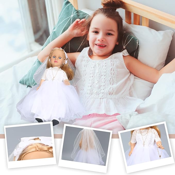 7 Pcs 18 Inches American Doll Clothes Outfit First Communion Dress with Matching Headband Veil Bracelet Shoes Socks Necklaces Fit 18 Inches Dolls, Doll Not Included(Floral Headband)