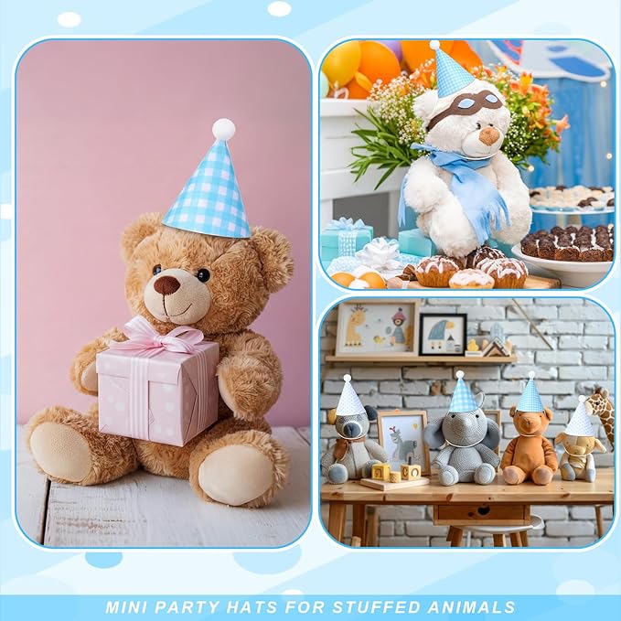 12 Pcs Mini Party Hats for Stuffed Animals, Felt Cone Hats with Pom Poms Baby Blue Polka Dot Checkered Mini Birthday Party Hat for Dolls Small Dogs Cats Birthday Holiday Pet Accessories