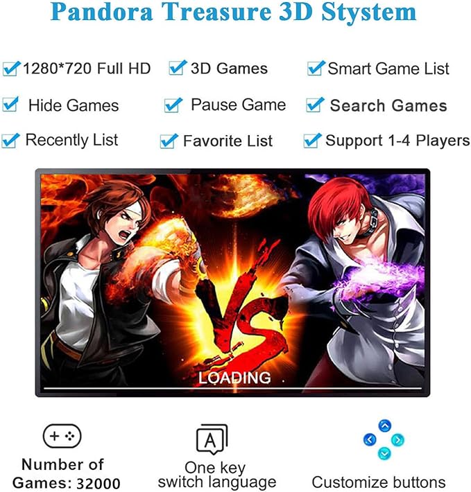 GWALSNTH 32000 in 1 Pandora Box Arcade Games Console, Plug and Play Video Game,1280X720 Display, 3D Games, Search/Save/Hide/ Pause,1-4 Players
