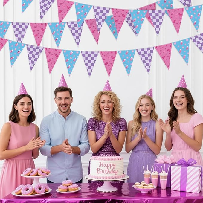 HESTYA 5 Pcs 49 ft Kpop Theme Pink Purple Blue Pennant Banner Pink and Purple Birthday Party Decor Kpop Theme Triangle Flag Bunting Garland for Birthday Supplies