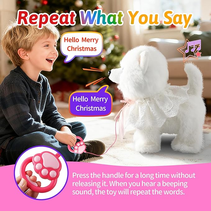 Marsjoy Samoyed Walking Barking Dog for Kids Interactive Musical Puppy Robot Repeats What You Say, Realistic Licking Tongue Wagging Tail Remote Control Toddler Toys for Girls and Boys Birthday Gifts