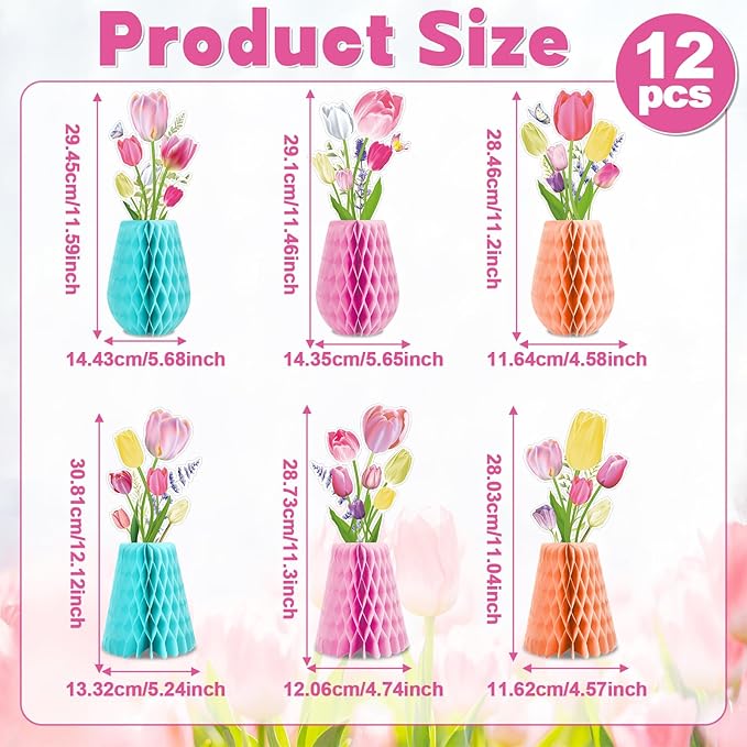 12pcs Tulip Honeycomb Centerpieces 3D Tulip Flower Party Decorations Spring Floral Honeycomb Centerpieces Decor Party Supplies for Spring Garden Wedding Birthday Mother's Day Baby Shower Decor