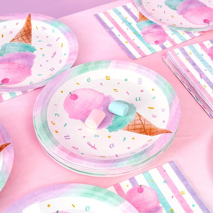 WERNNSAI Ice Cream Party Plates and Napkins - Serves 50 Guests 100 PCS Pink Sweet Ice Cream Themed Party Supplies for Girls Birthday Baby Shower Pool Summer Celebration Dinner Picnic Party Tableware