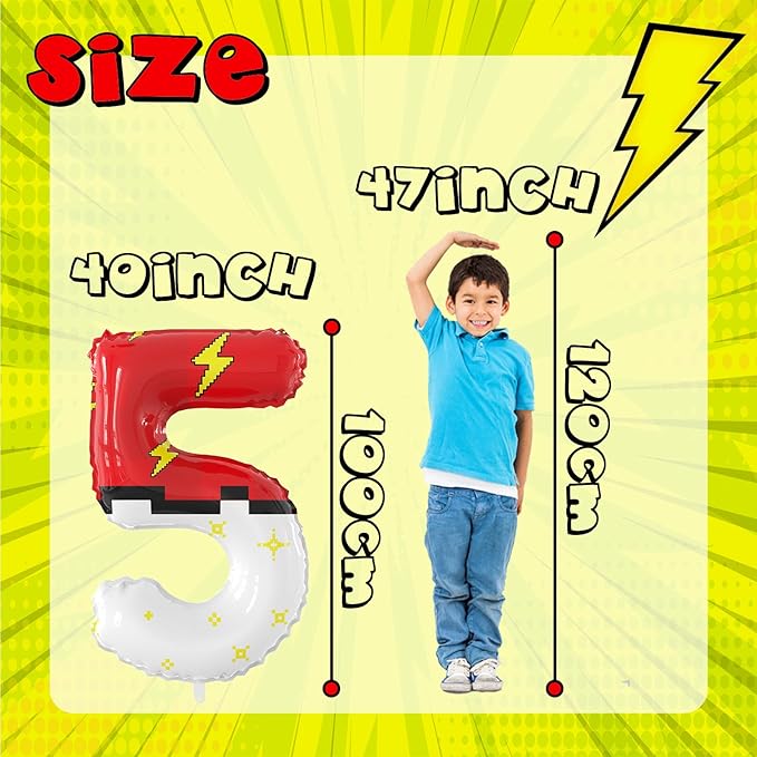 40 Inch Giant Red and White Cartoon Theme Number Foil Balloons - Large Number 5 Balloons Animation for Kids' Birthday Anniversary Party Decorations Supplies (Numbers 0-9 Available)