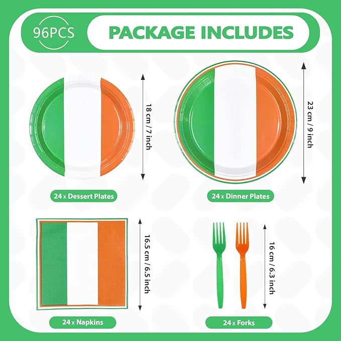 96Pcs St. Patrick's Day Party Supplies Disposable Irish Flag Paper Plates and Napkins Irish Themed Tableware Set for Country Decoration St Patricks Day Brithday Supplies, Serves 24
