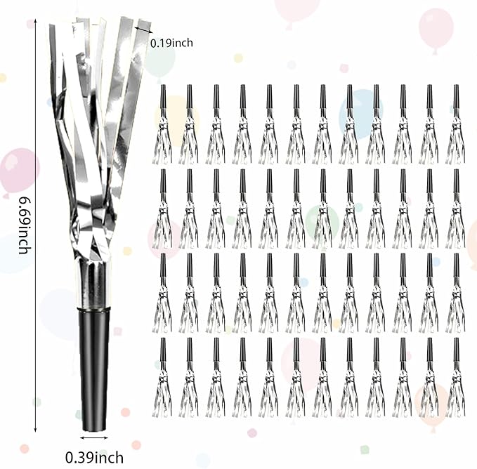 Silver New Years Noise Makers 48 PCS NYE Party Blowers Blowouts New Years Eve Games Favors Supplies Birthday Pep Rally for Adult Prank Graduation Sporting Events Horns Noisemakers Accessories