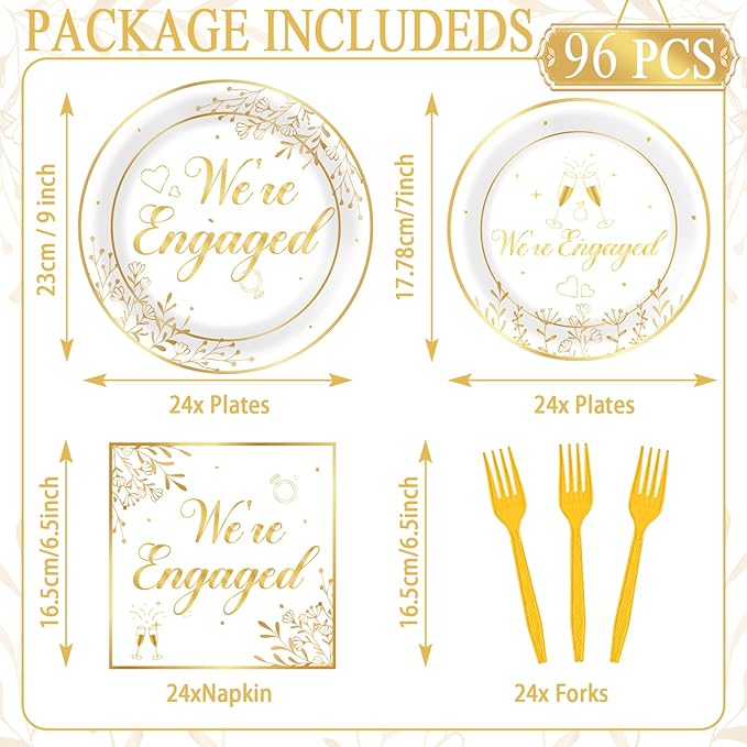 96Pcs Happy Engagement Party Supplies Engagement Paper Plates Napkins We're Engaged Party Tableware Set We're Engaged Dinnerware for Wedding Birthday Bridal Shower Decoration Serve 24