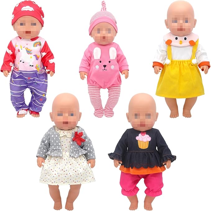 SOTOGO 5 Sets Doll Clothes Outfits Jumpsuits with Hats for 14 to 17 Inch New Born Dolls, American 18 Inch Dolls Clothes and Accessories