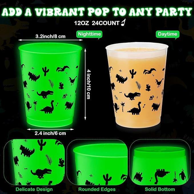 48 Pcs Glow in Dark Dinosaur Cups for Party Favors 12 oz Dinosaur Reusable Plastic Cups Bulk Dino Frosted Tumblers Gifts for Dino Themed Birthday Party Supplies Glow in The Dark Decorations