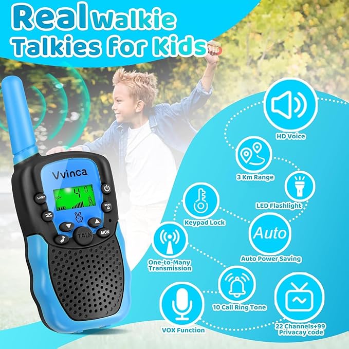 Vvinca Rechargeable Walkie Talkies for Kids 4 Pack, 5-7 Year Old Boy Toys Long Range 22 Channels 2 Way Kids Walkie Talkie with Flashlight for Camping Hiking Indoor Outdoor 3 4 5 6-12 Girl Boy Gift