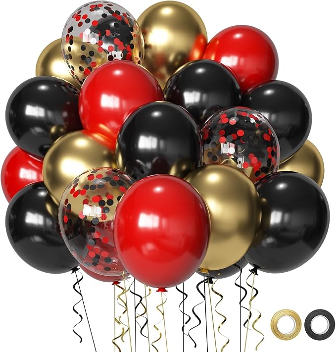 Red Black and Gold Party Balloons, Black and Red Latex Balloons 50 Pcs 12 inch Red Black Gold Balloons For Graduation Hollywood Casino Wedding Party Decoration